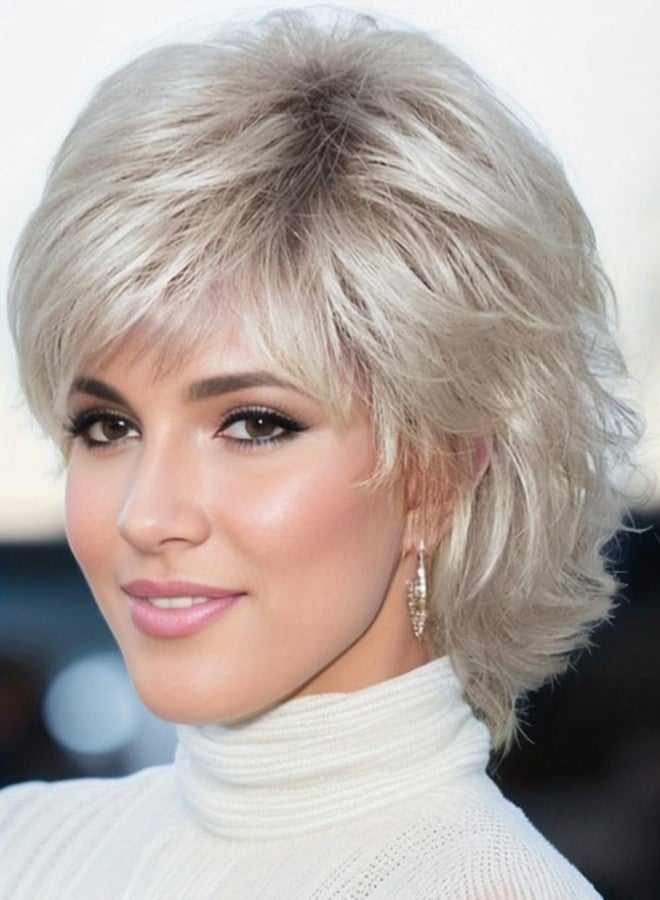 TISHINING Pixie Cut Short Ombre Silver Grey Curly Wigs for White Women Fluffy Layered Mixed Gray Wig with Bangs Natural Looking Synthetic Daily Party Wig - Image 1